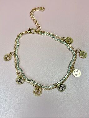 Gold-Tone Charm Anklet with Clear Crystal Accents